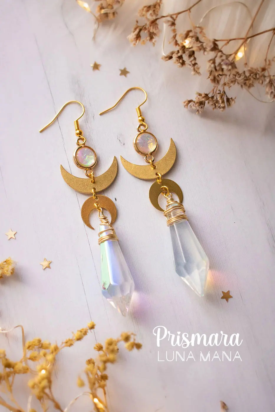 Boucles d'oreilles lune et prisme de verre Prismara - lunamanashop