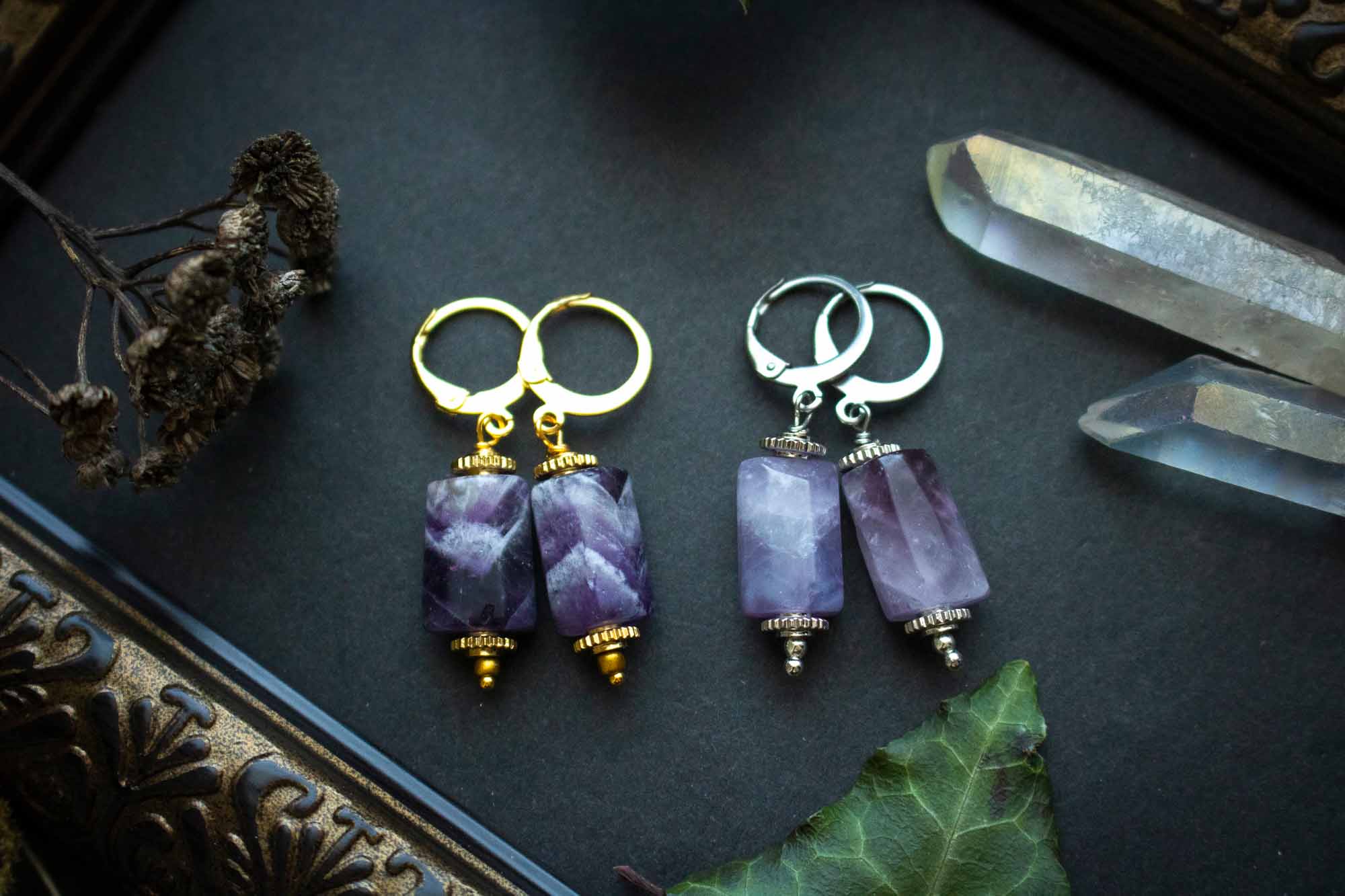 Boucles d&#39;oreilles en Améthyste dorée ou argentée et dormeuses lunamanashop