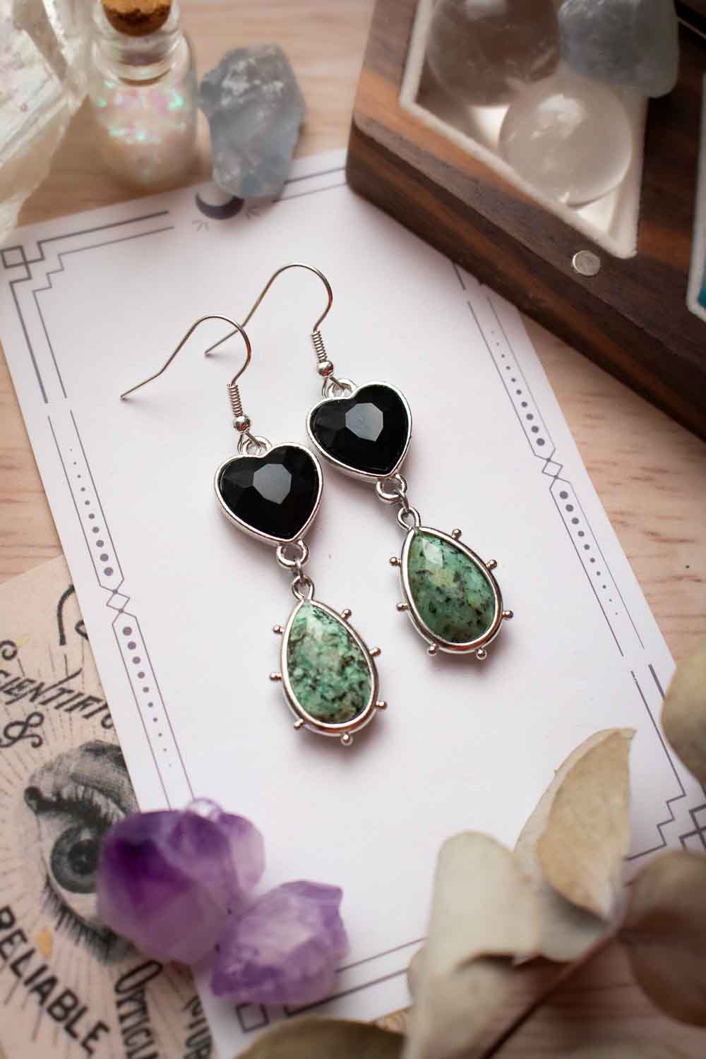 Boucles d'oreilles Turquoise africaine - Cœur de verre Noir - Aja lunamanashop