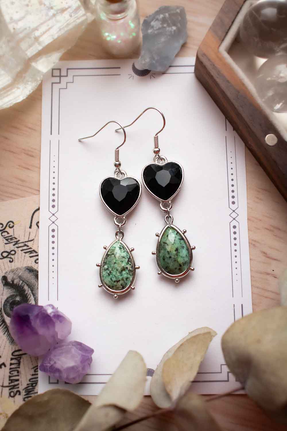 Boucles d'oreilles Turquoise africaine - Cœur de verre Noir - Aja lunamanashop