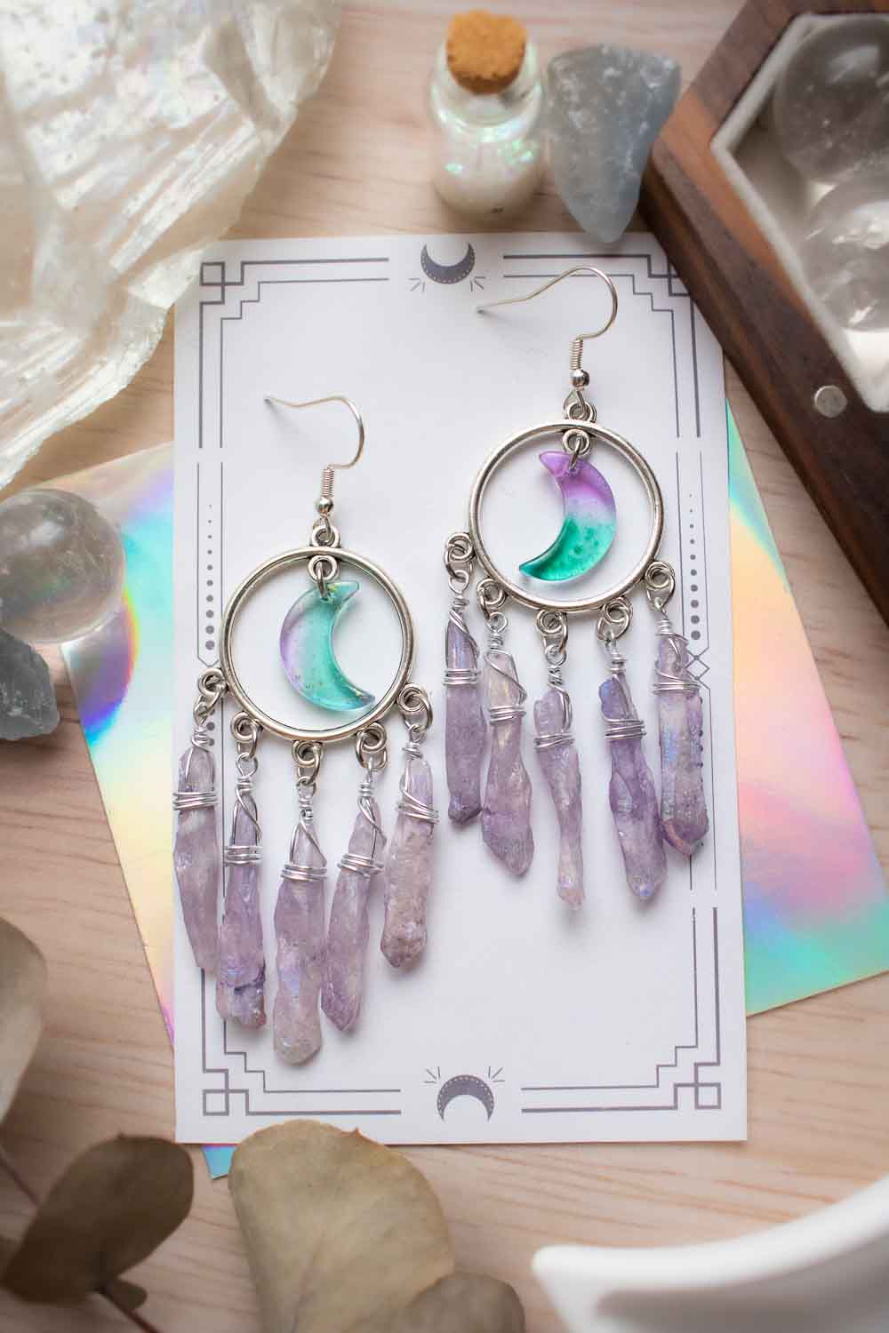 Boucles Oreilles quartz brut violet - Lune de verre - Dharana lunamanashop