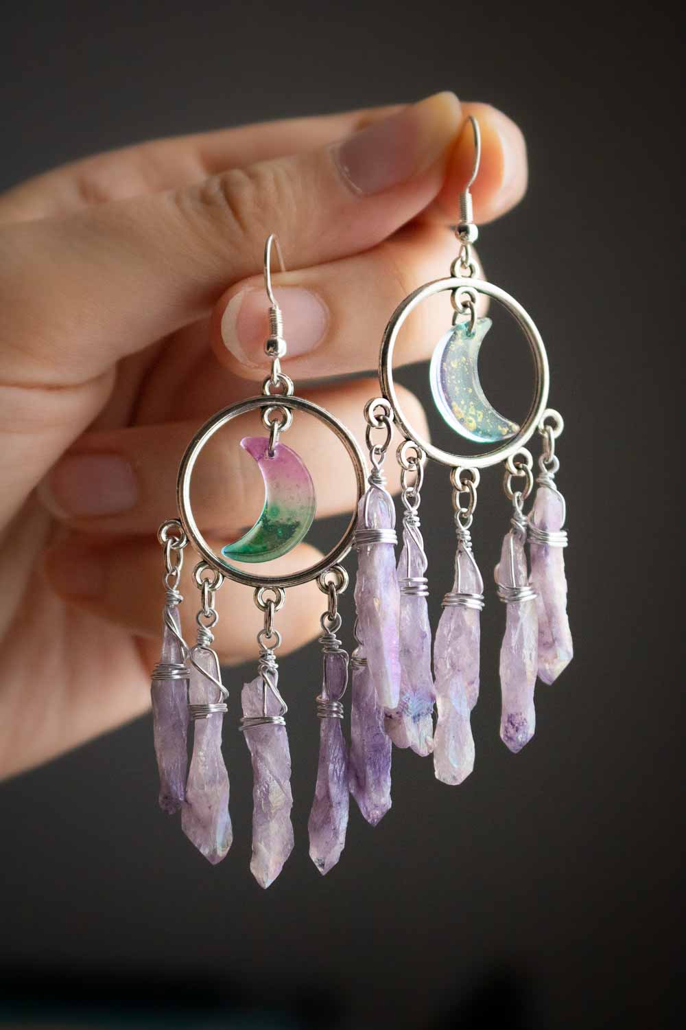Boucles Oreilles quartz brut violet - Lune de verre - Dharana lunamanashop