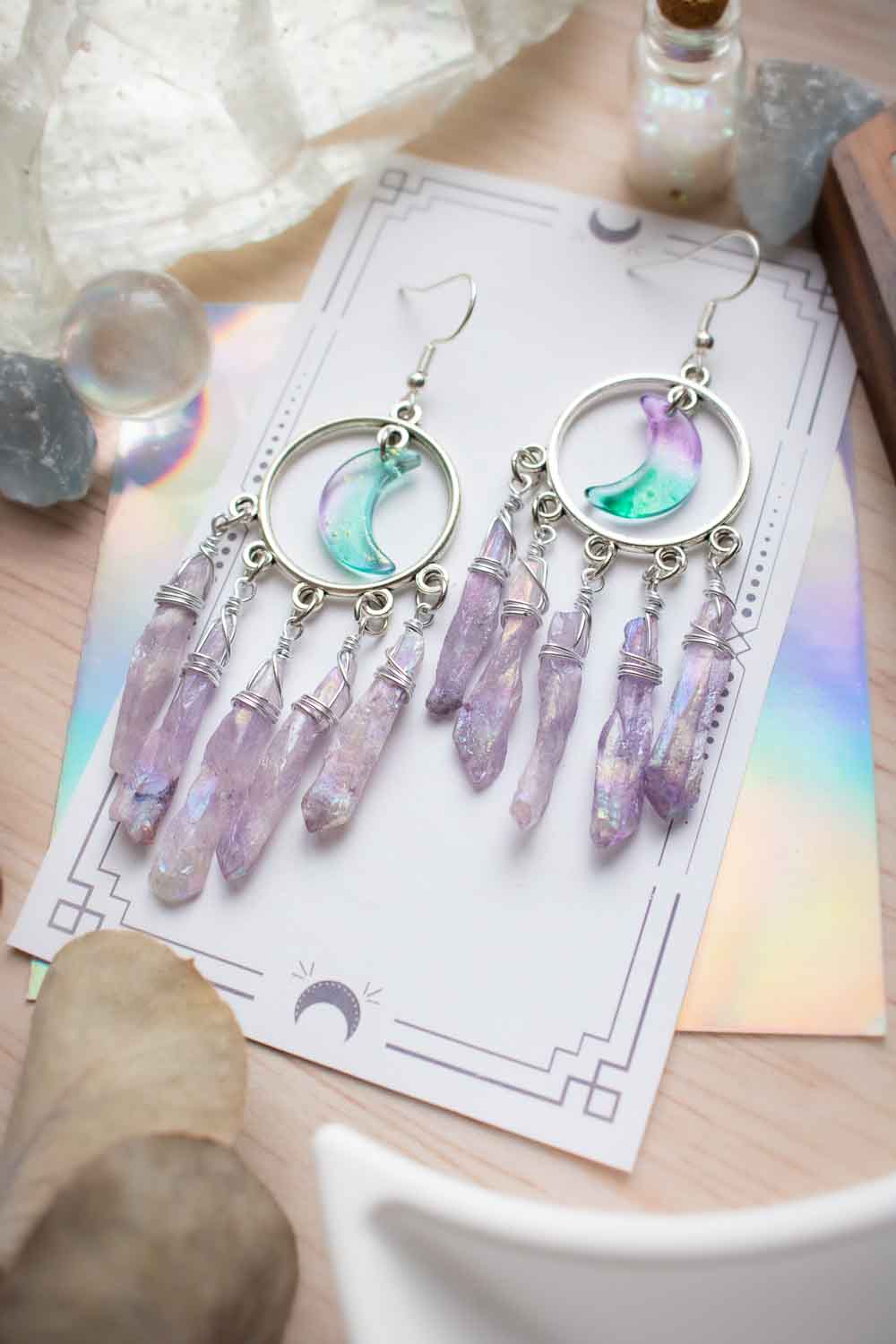 Boucles Oreilles quartz brut violet - Lune de verre - Dharana lunamanashop