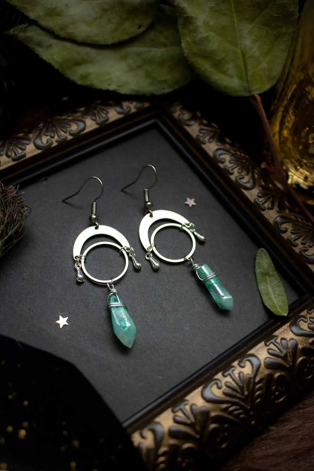 Boucles d'oreilles en Quartz vert et anneau argenté lunamanashop