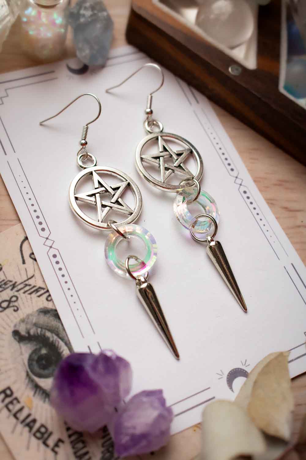 Boucles d&#39;oreilles pentacle - Anneau verre facetté - Samaghi lunamanashop