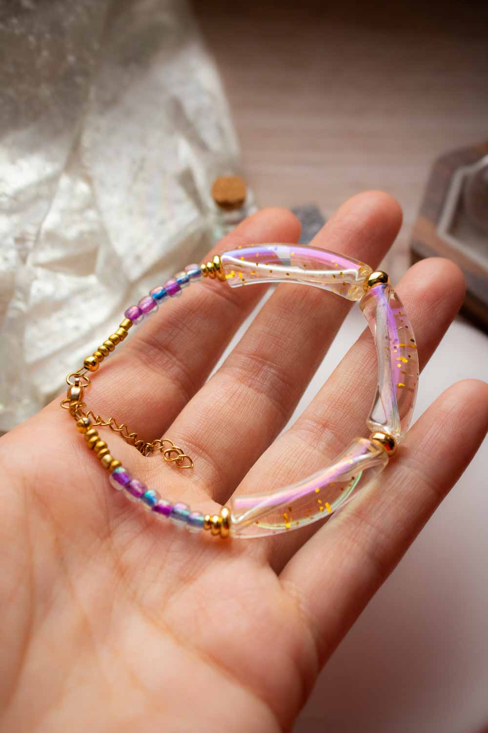 Bracelet de perles violettes et translucide - Doré - Morphésia lunamanashop