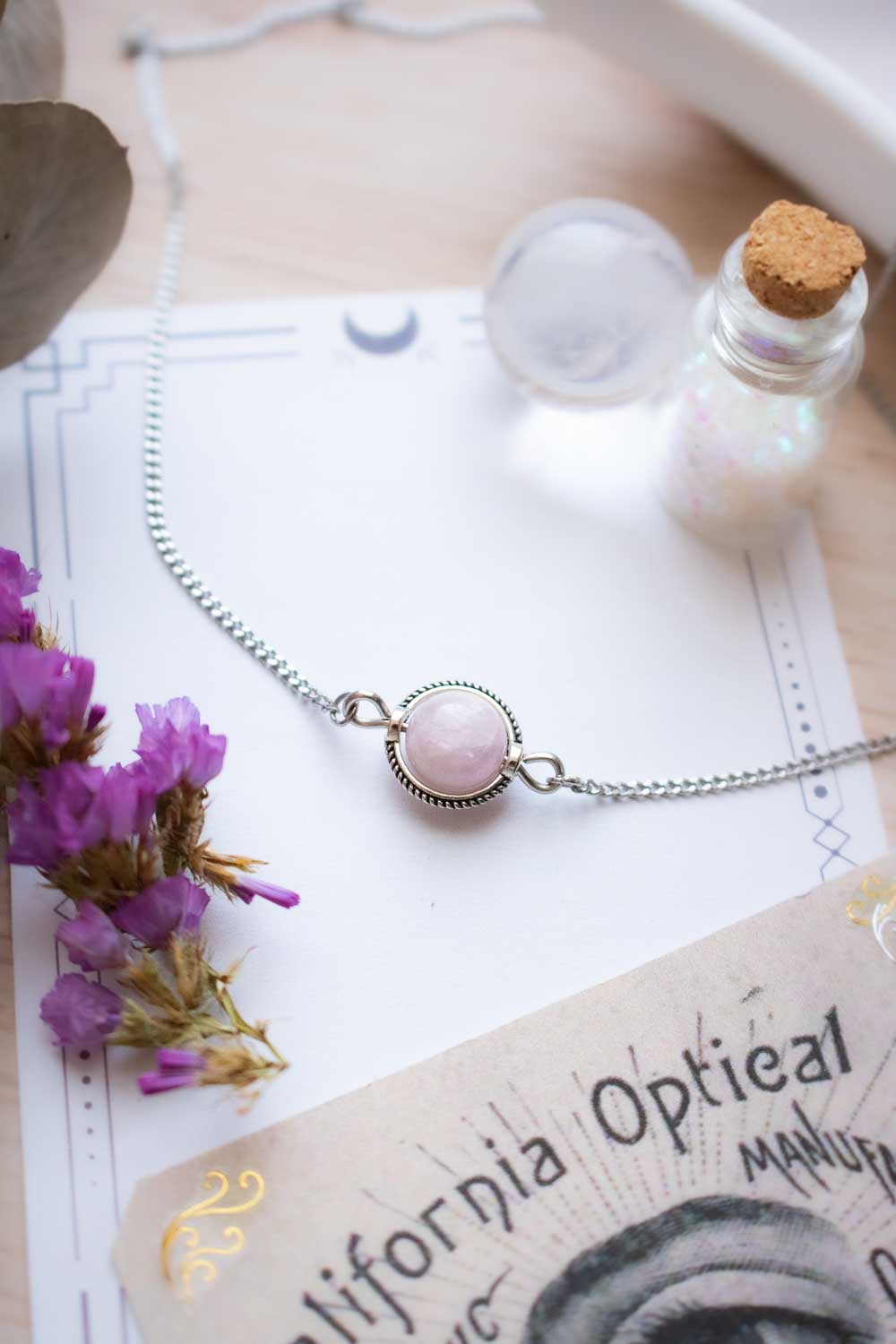 Collier choker Kunzite rose - Chaîne argentée - Noche lunamanashop