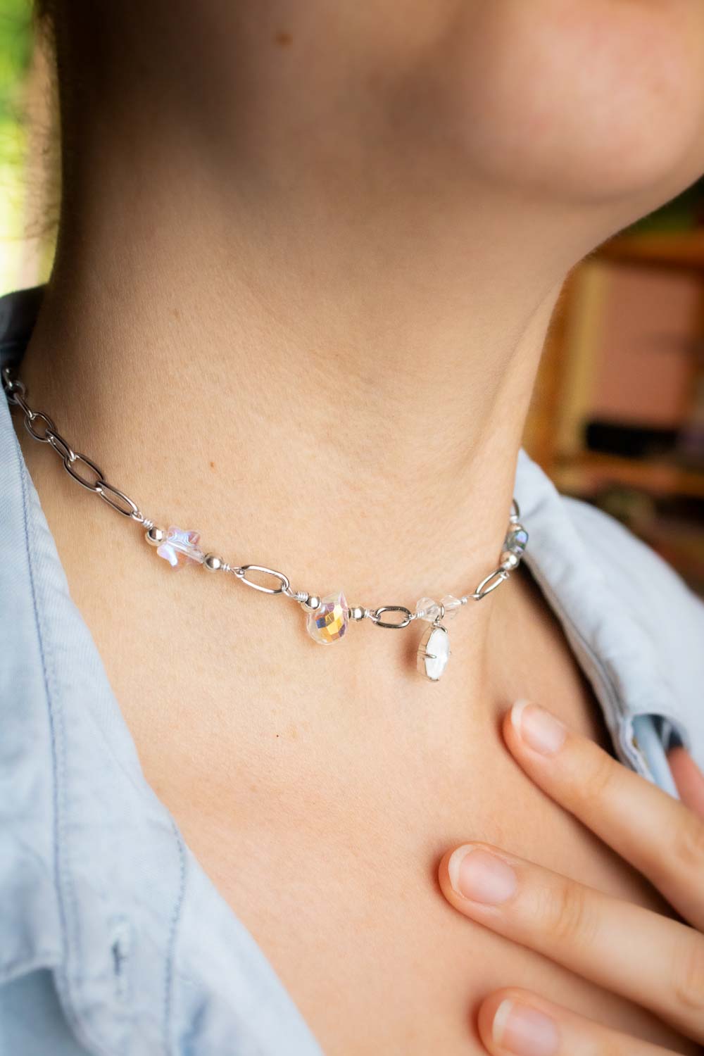 Collier argenté breloques facettées - Goutte de verre - Séréna lunamanashop