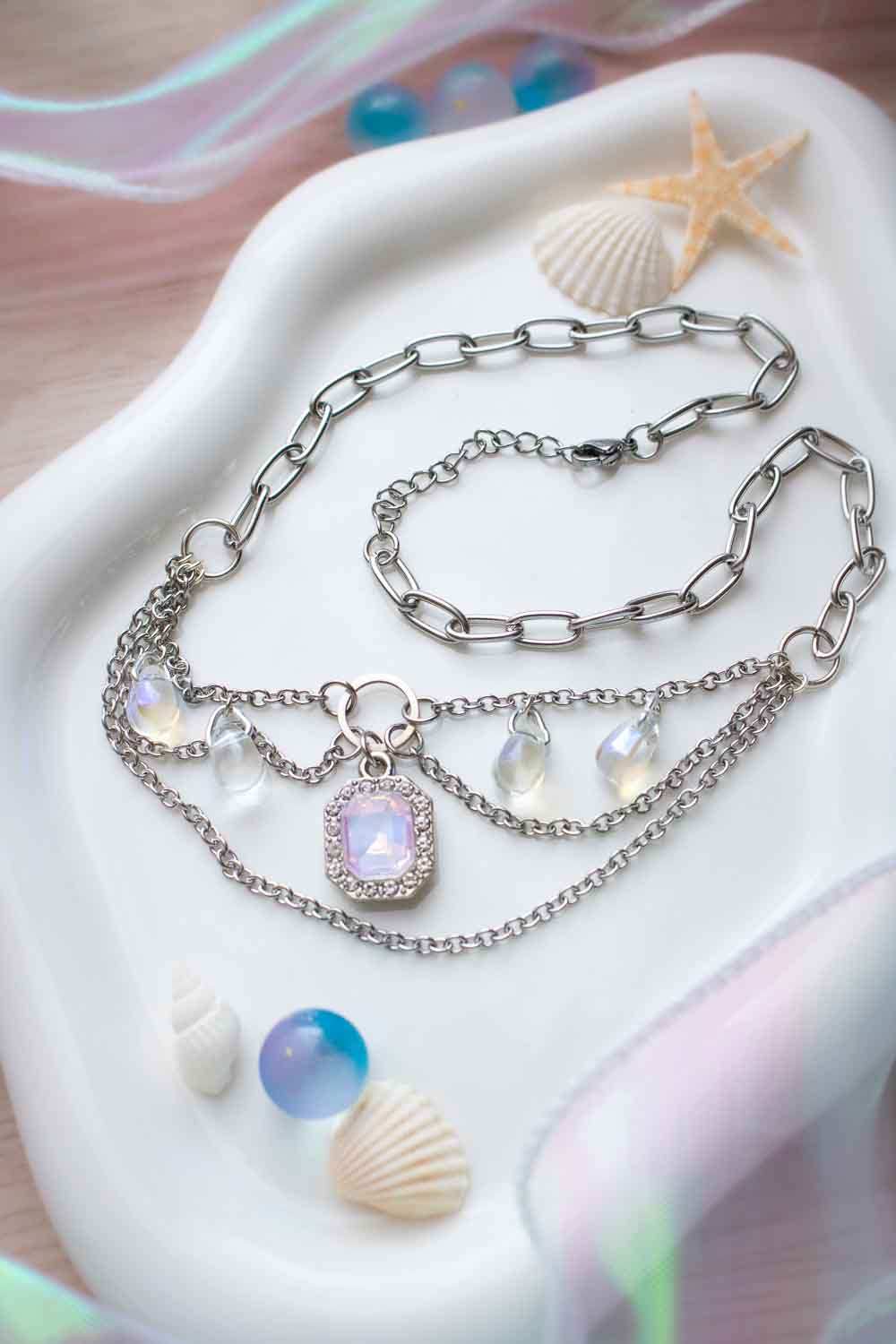 Collier Choker Argenté Irisé - Breloques Gouttes verre - Ondina lunamanashop