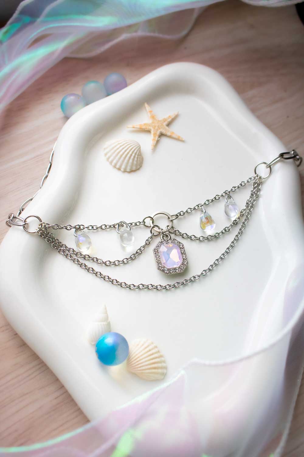 Collier Choker Argenté Irisé - Breloques Gouttes verre - Ondina lunamanashop