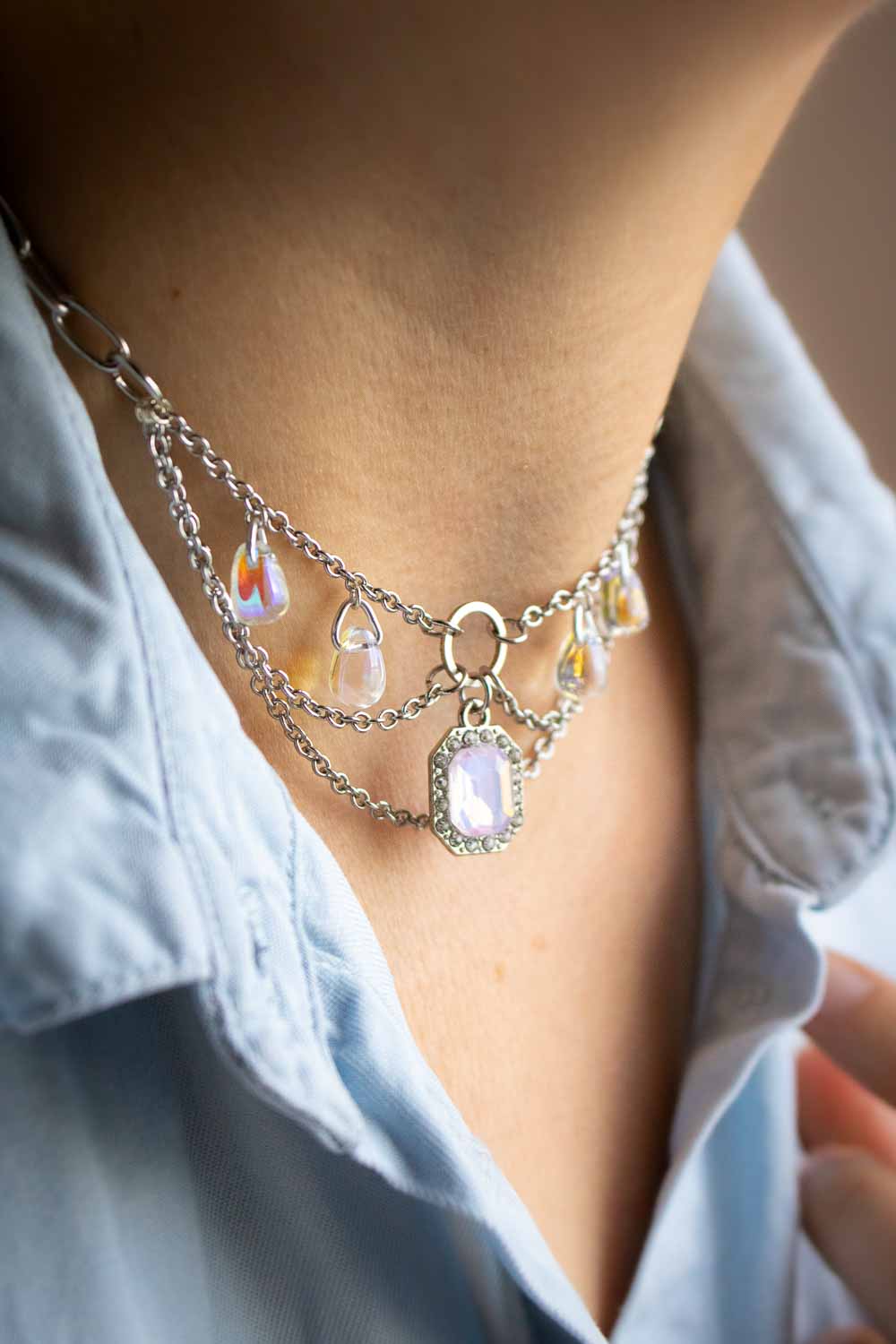 Collier Choker Argenté Irisé - Breloques Gouttes verre - Ondina lunamanashop