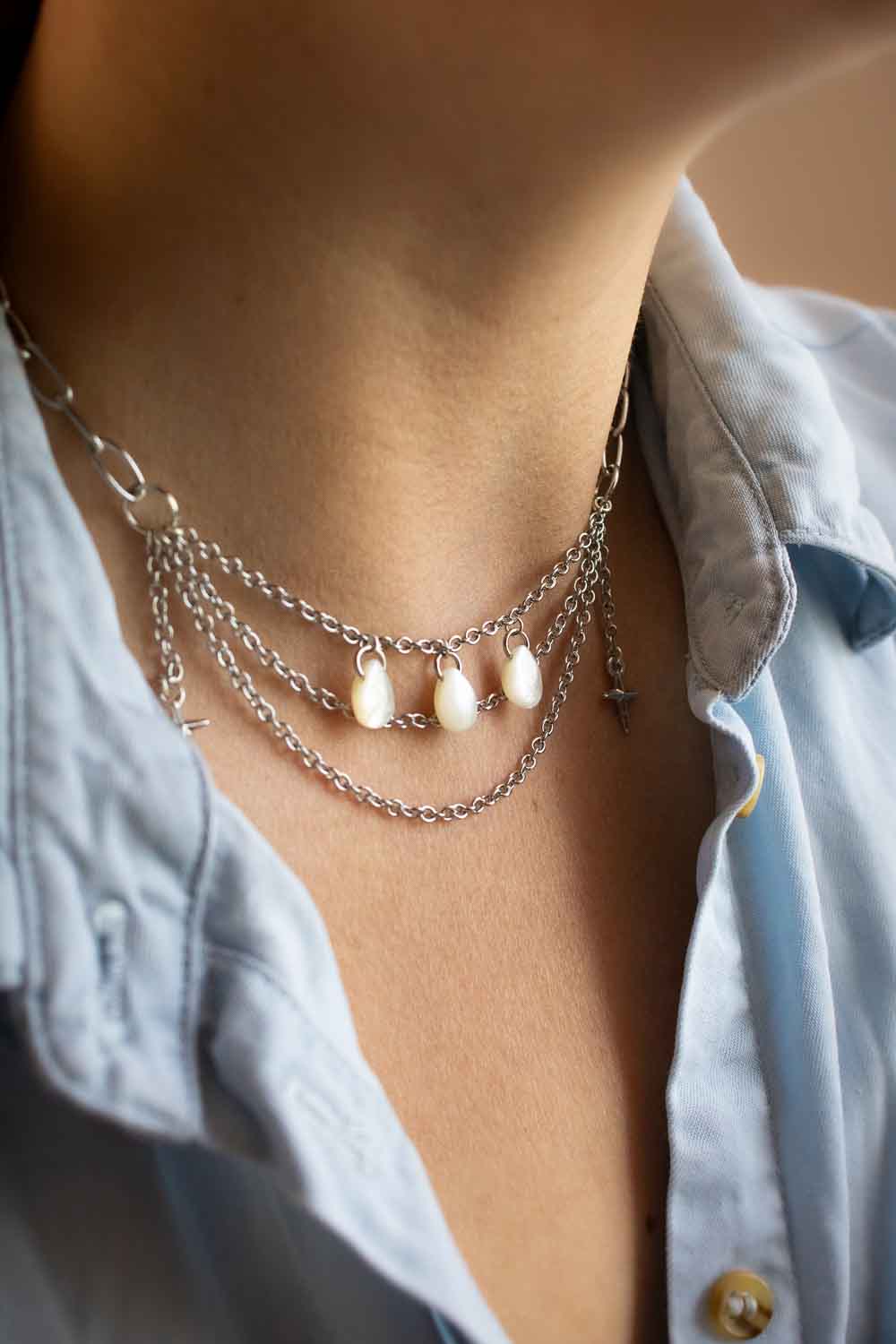 Collier Choker Acier Nacre - Croix et Gouttes Irisées - Celestina lunamanashop