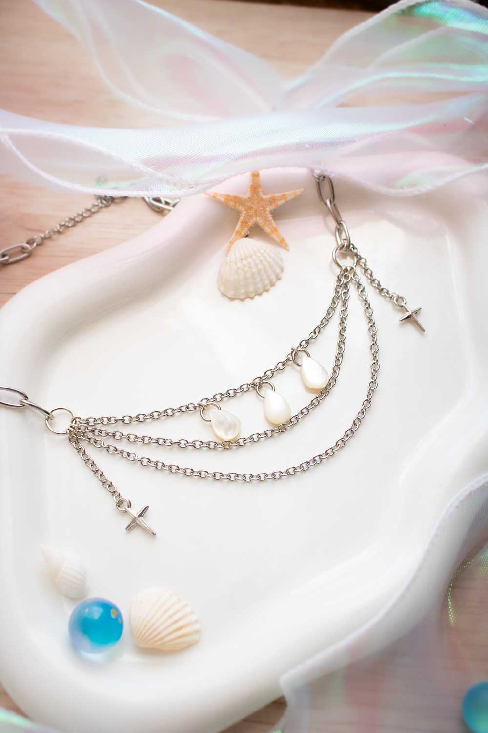 Collier Choker Acier Nacre - Croix et Gouttes Irisées - Celestina lunamanashop