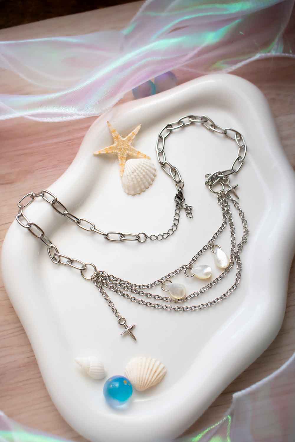 Collier Choker Acier Nacre - Croix et Gouttes Irisées - Celestina lunamanashop