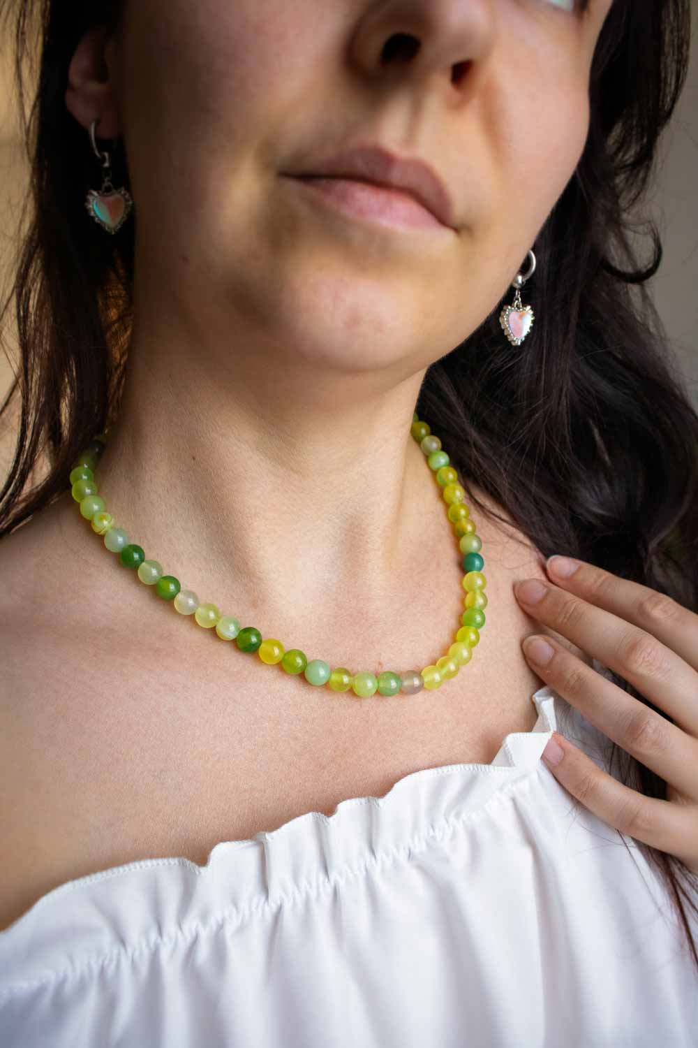 Collier ras de cou agate verte nuances acidulées - effet raisin blanc - Muscat lunamanashop