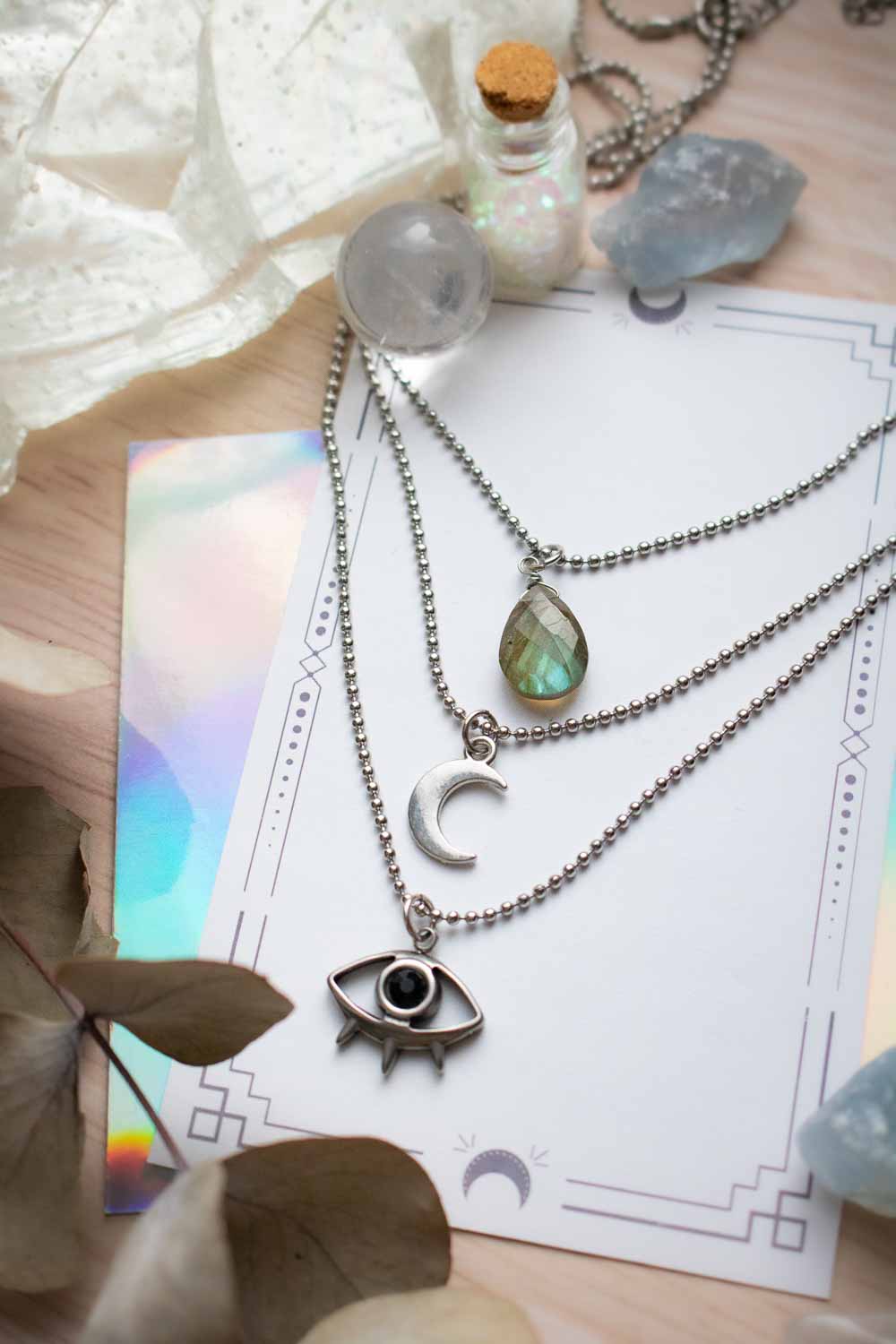 Collier triple rang Labradorite lune œil - Chaîne billes argentée - Centaurée lunamanashop