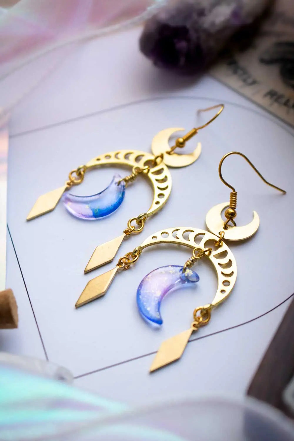 Boucles d'oreilles Cycle lunaire - Lunes dorées et verre magique lunamanashop