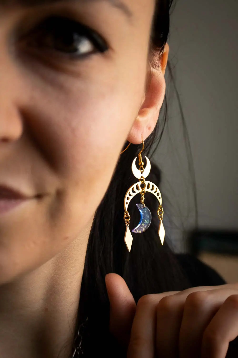 Boucles d'oreilles Cycle lunaire - Lunes dorées et verre magique lunamanashop
