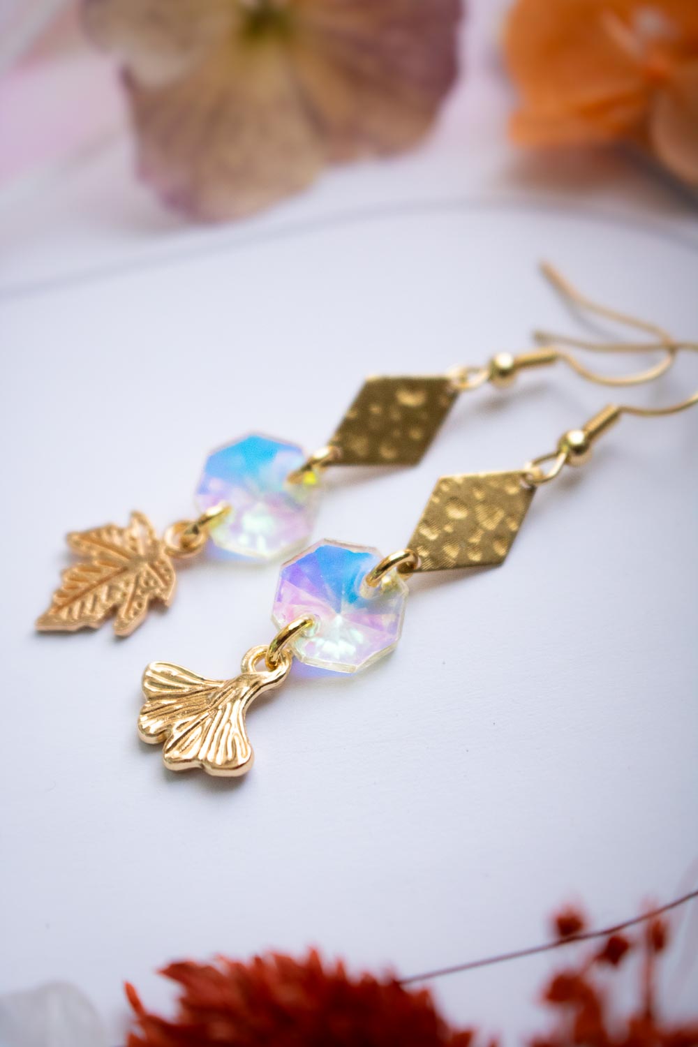Boucles d'oreilles Symphonie forestière - Cristaux de verre et feuilles lunamanashop