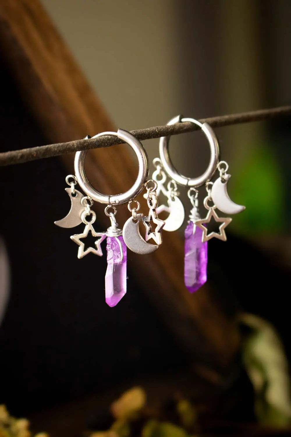 Boucles d'oreille "Pierre filante" avec quartz violet