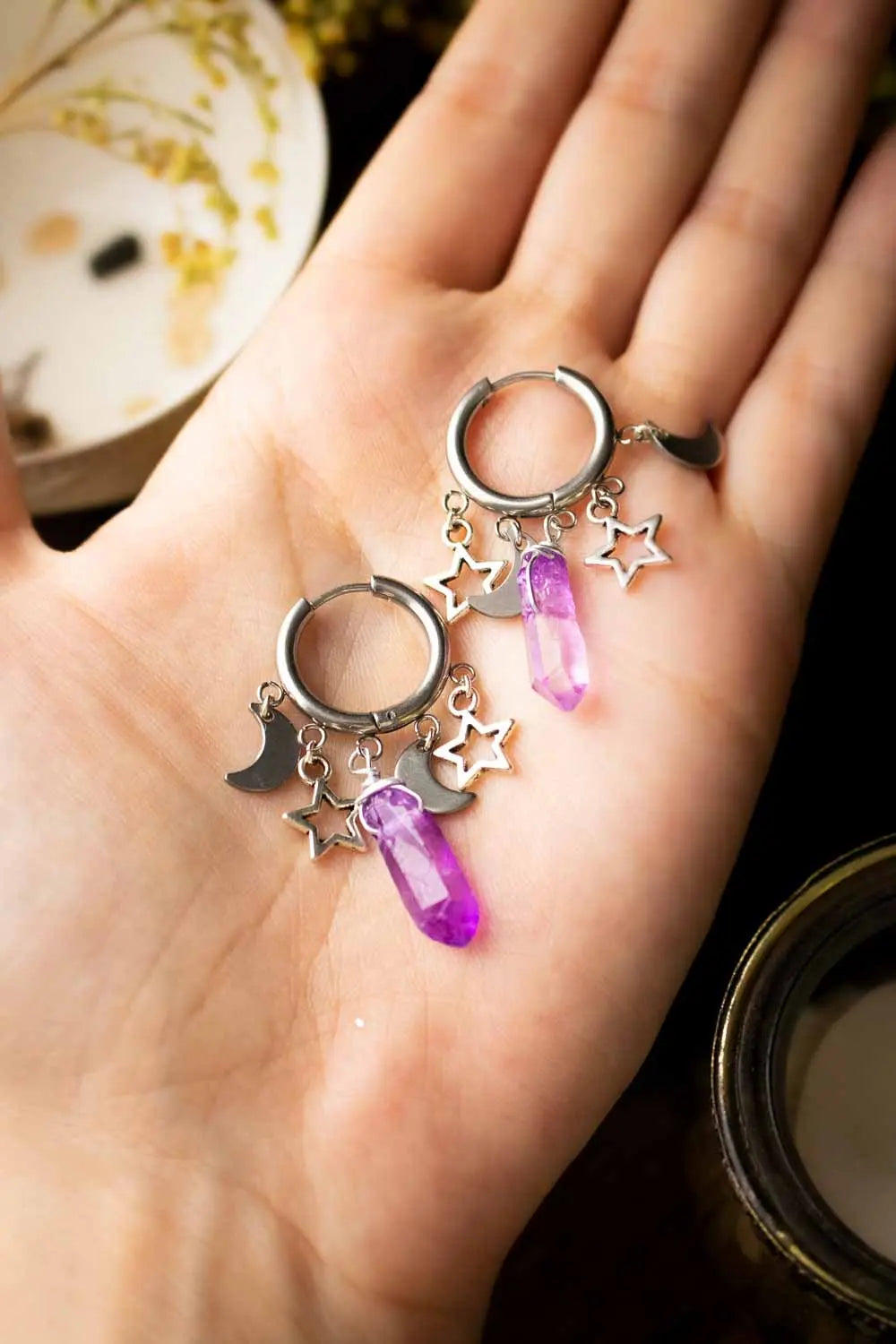 Boucles d'oreille "Pierre filante" avec quartz violet