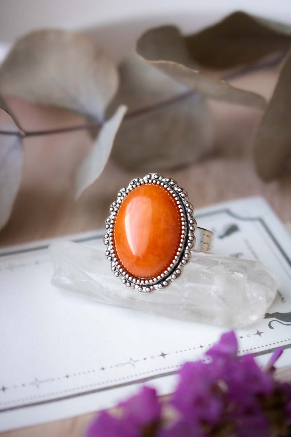 Bague jade orange argentée - Anneau réglable ovale - Jadéfeu lunamanashop