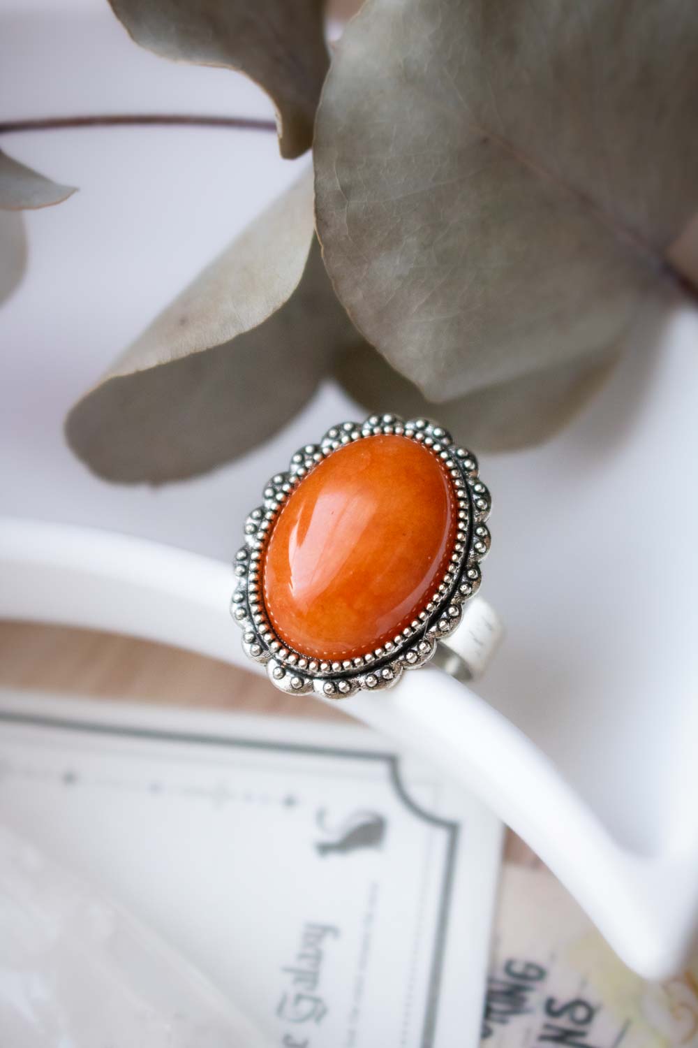 Bague jade orange argentée - Anneau réglable ovale - Jadéfeu lunamanashop