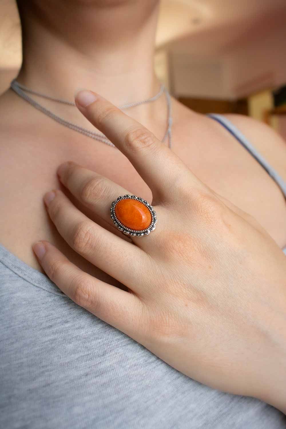 Bague jade orange argentée - Anneau réglable ovale - Jadéfeu lunamanashop