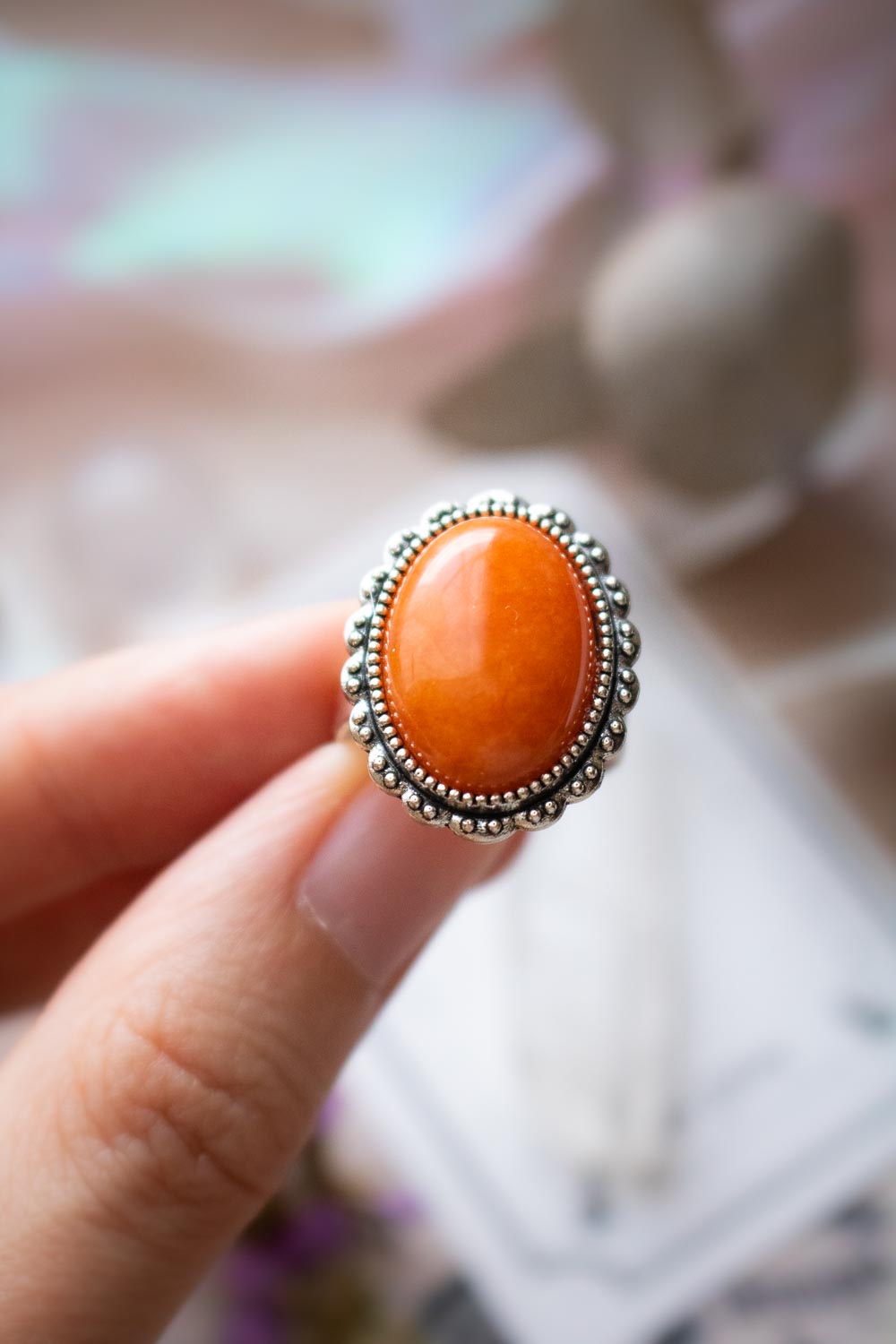 Bague jade orange argentée - Anneau réglable ovale - Jadéfeu lunamanashop