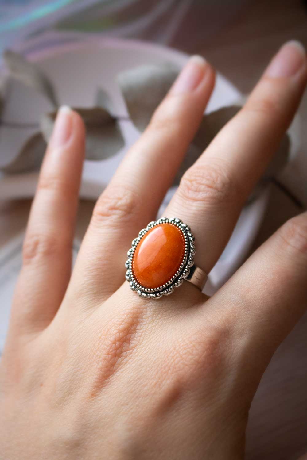 Bague jade orange argentée - Anneau réglable ovale - Jadéfeu lunamanashop
