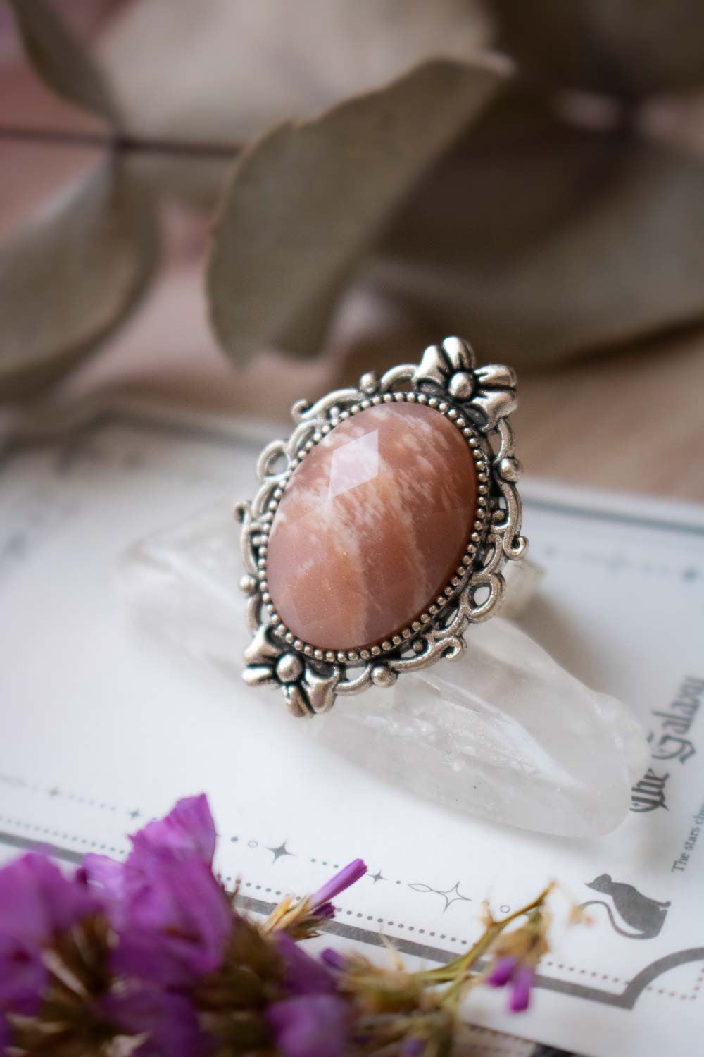 Bague pierre de sable rosée argentée - Anneau réglable ovale - Rosalba lunamanashop
