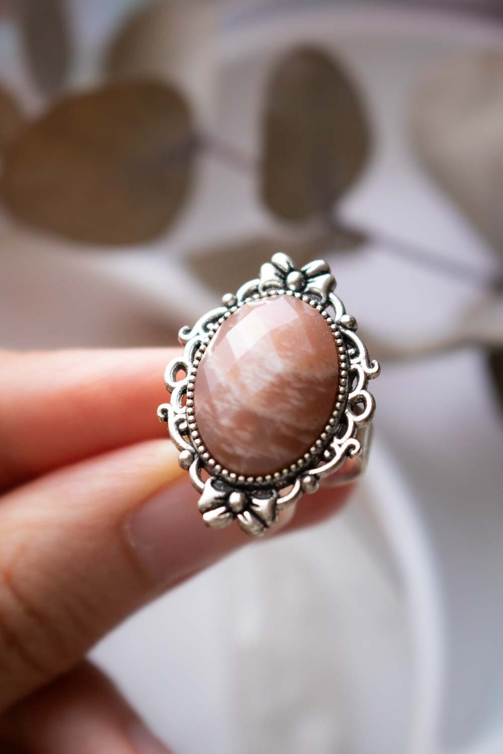 Bague pierre de sable rosée argentée - Anneau réglable ovale - Rosalba lunamanashop