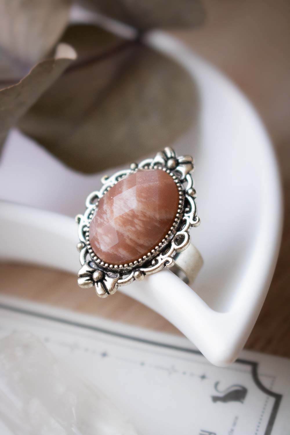 Bague pierre de sable rosée argentée - Anneau réglable ovale - Rosalba lunamanashop