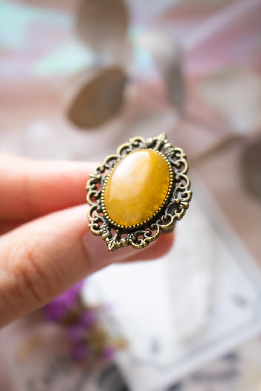 Bague topaze jaune ovale - Anneau réglable bronze - Flavie lunamanashop