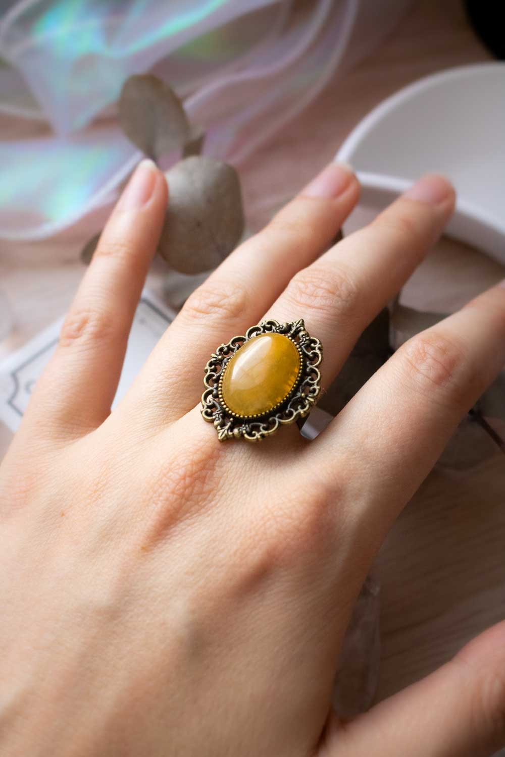 Bague topaze jaune ovale - Anneau réglable bronze - Flavie lunamanashop