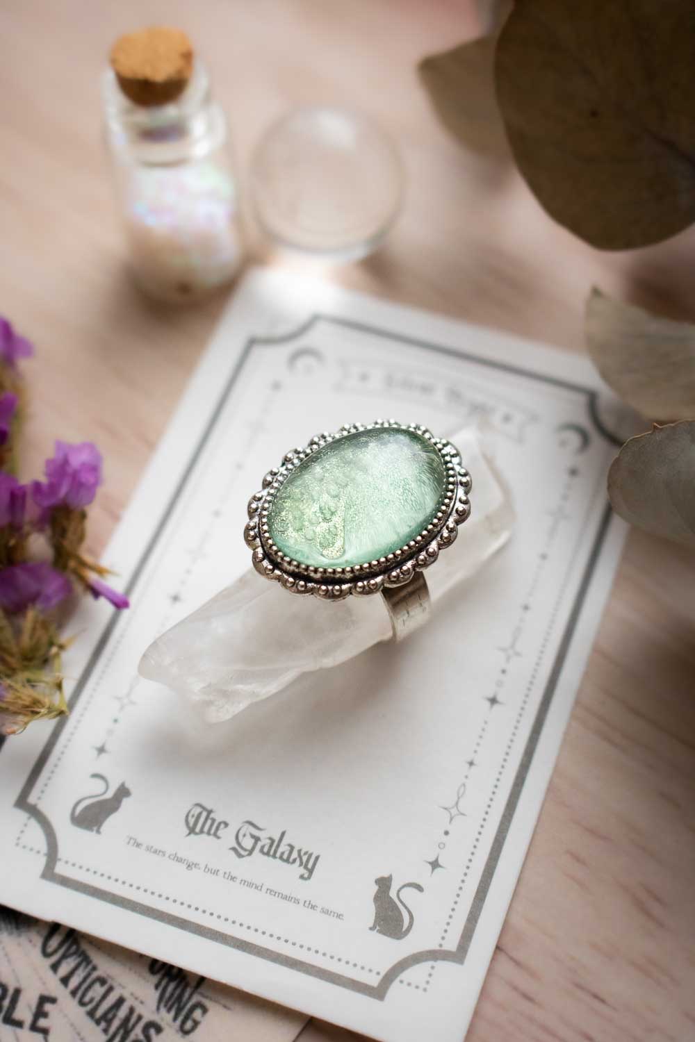 Bague fluorite verte argentée - Anneau réglable ovale - Florentine lunamanashop