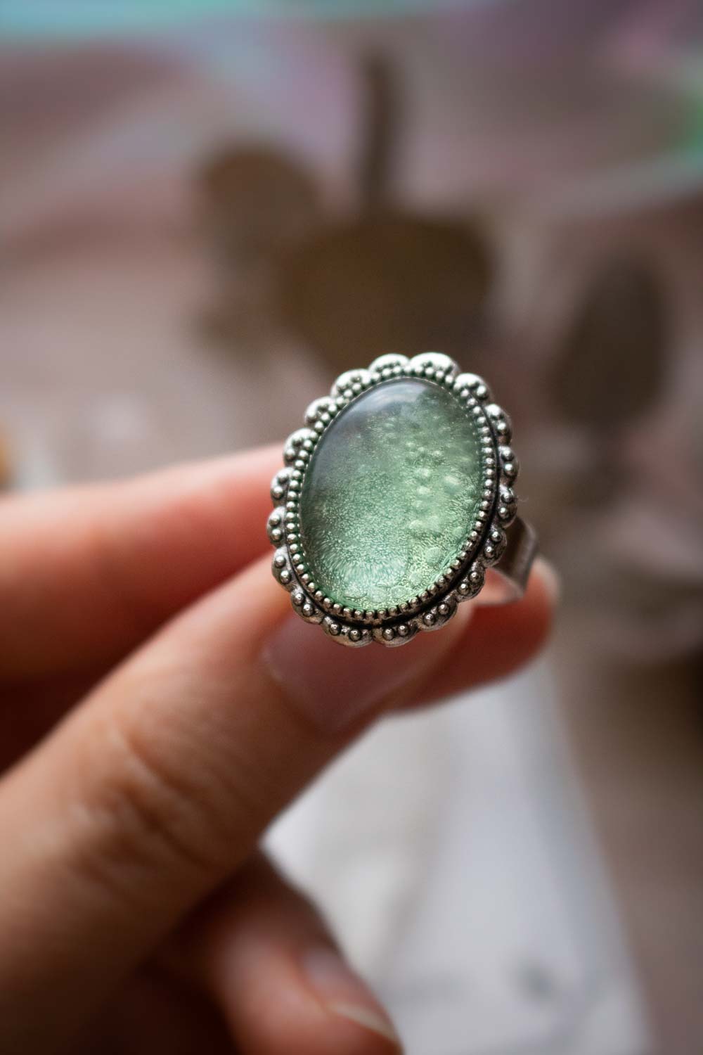 Bague fluorite verte argentée - Anneau réglable ovale - Florentine lunamanashop