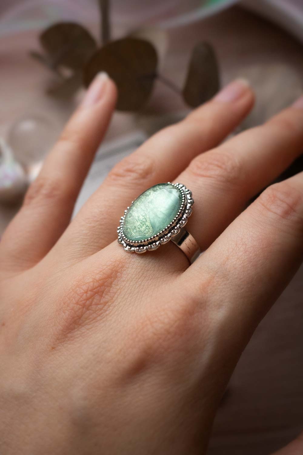 Bague fluorite verte argentée - Anneau réglable ovale - Florentine lunamanashop