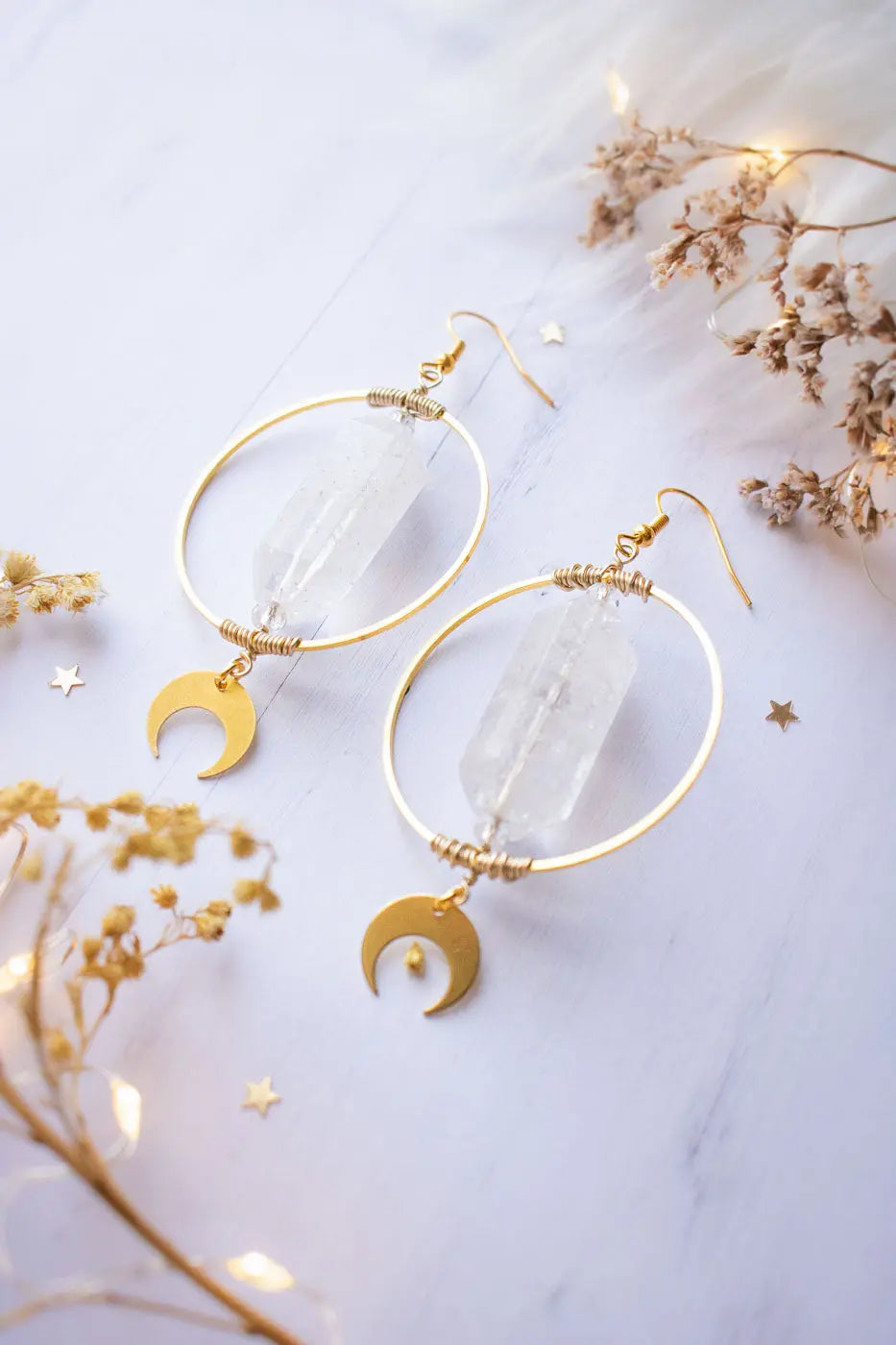 Boucles d&#39;oreilles prisme de quartz et cercle lunaire doré Prismalune - lunamanashop