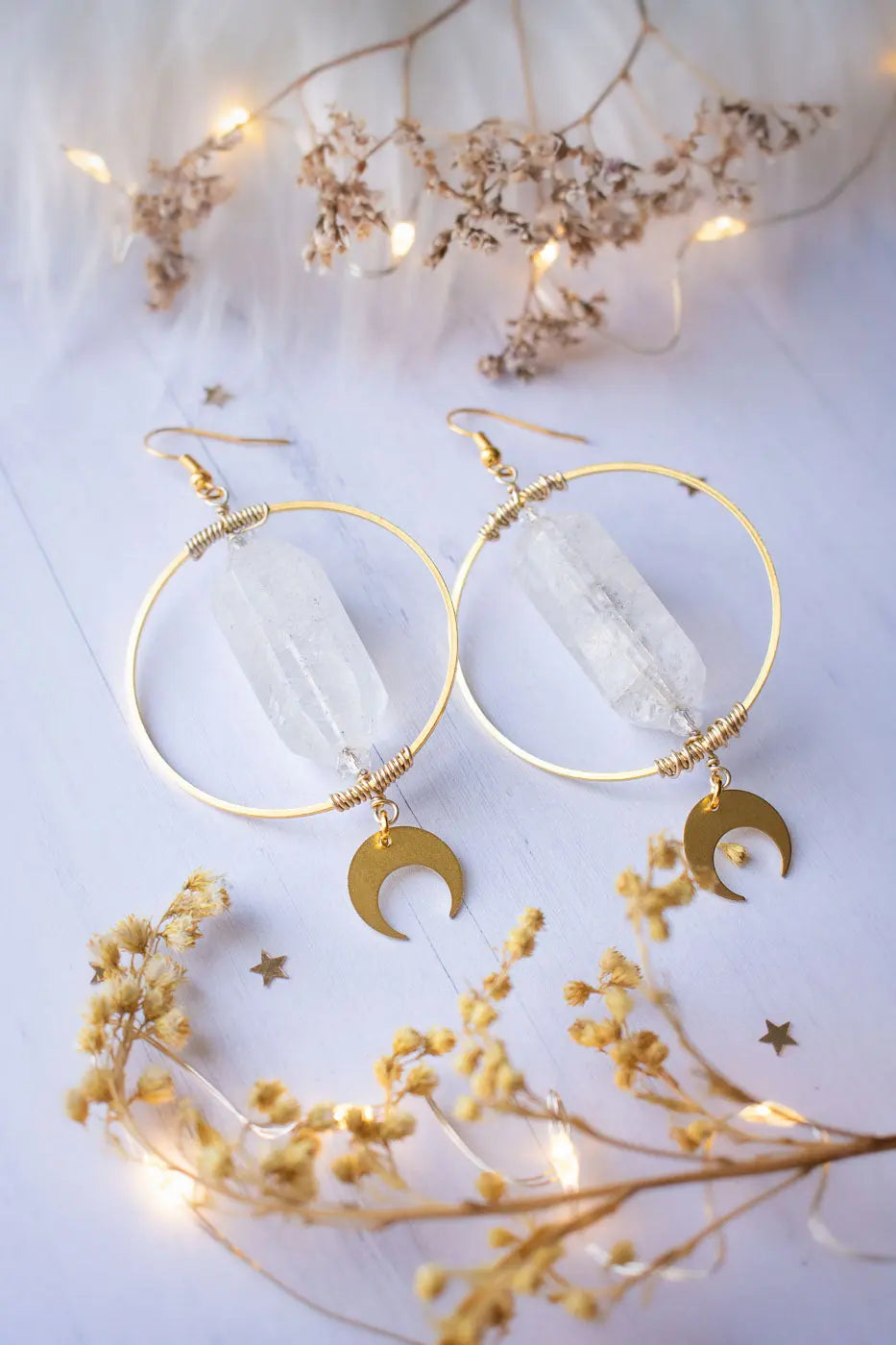 Boucles d'oreilles prisme de quartz et cercle lunaire doré Prismalune - lunamanashop