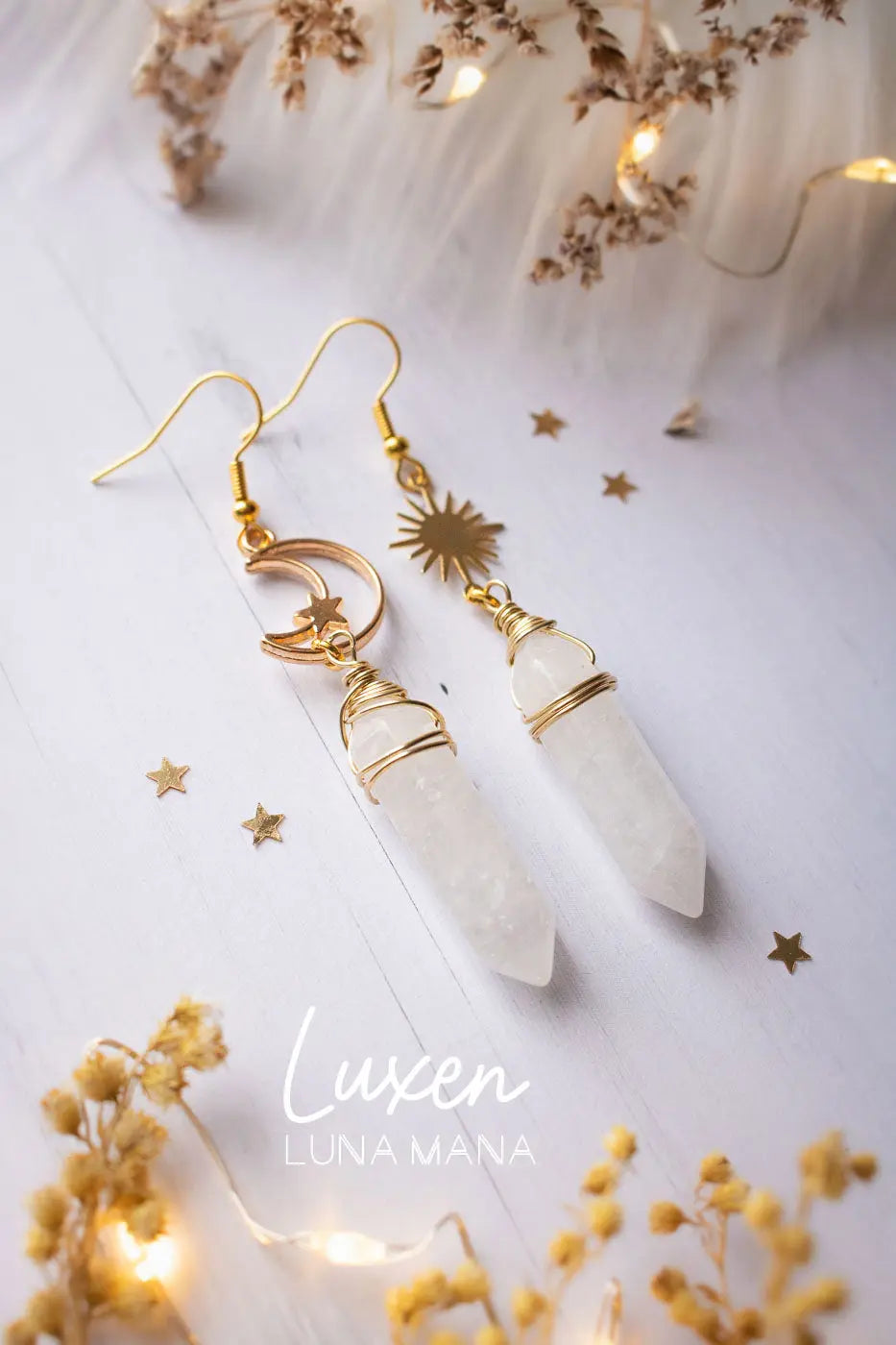 Boucles d'oreilles astres et prismes de quartz Luxen - lunamanashop