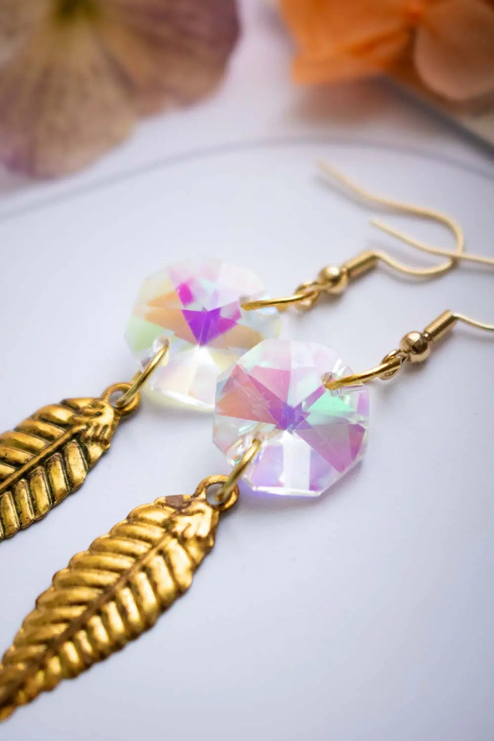 Boucles d'oreilles cristaux de verre et feuilles dorées - Murmure d'automne lunamanashop
