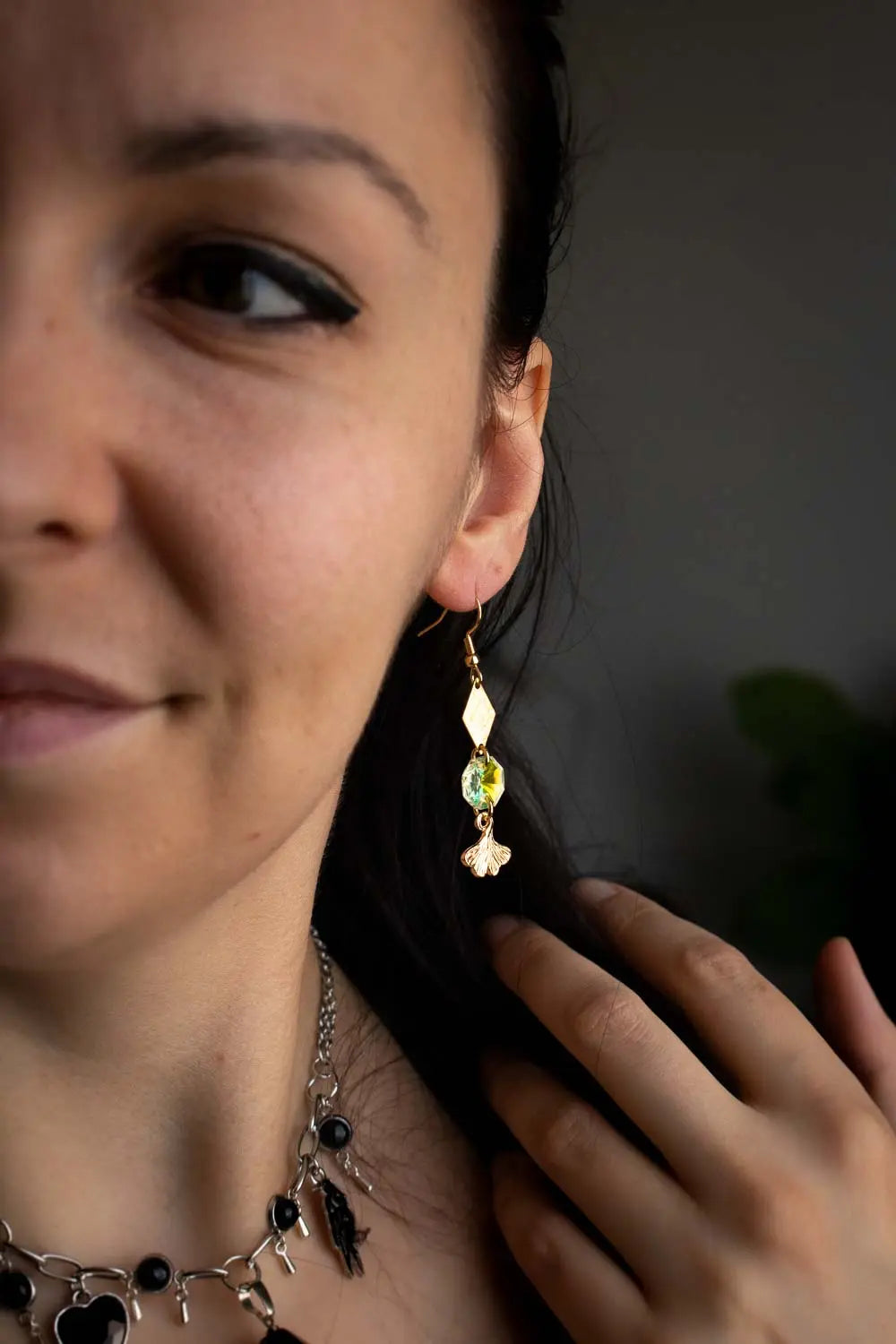 Boucles d'oreilles cristaux de verre et feuilles - Symphonie forestière lunamanashop