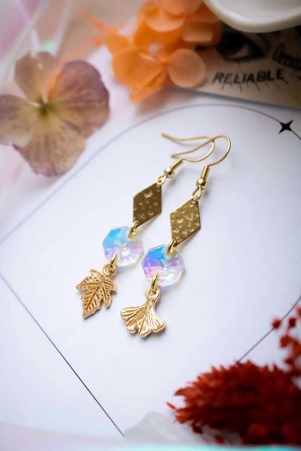 Boucles d'oreilles cristaux de verre et feuilles - Symphonie forestière lunamanashop