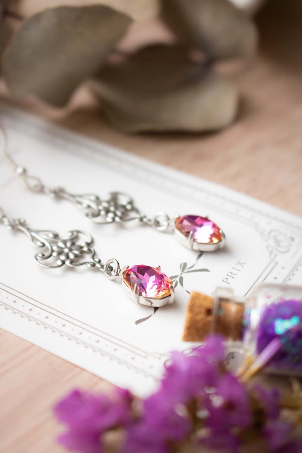 Boucles d'oreilles dentelle argentée - Verre rose-orangé - Promesse Rose lunamanashop