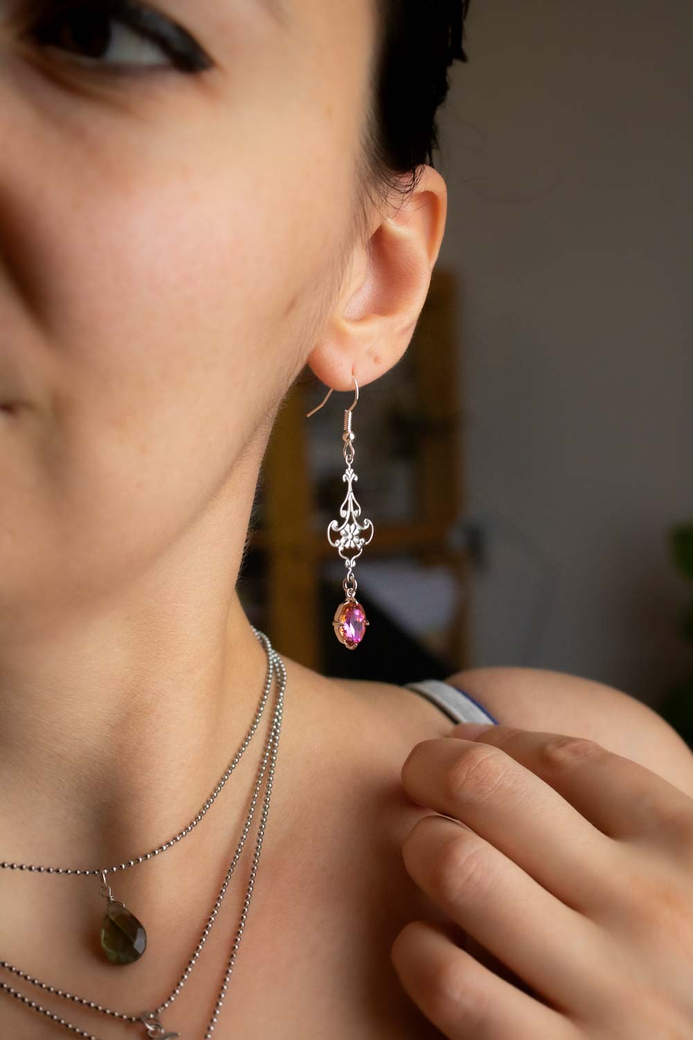 Boucles d'oreilles dentelle argentée - Verre rose-orangé - Promesse Rose lunamanashop