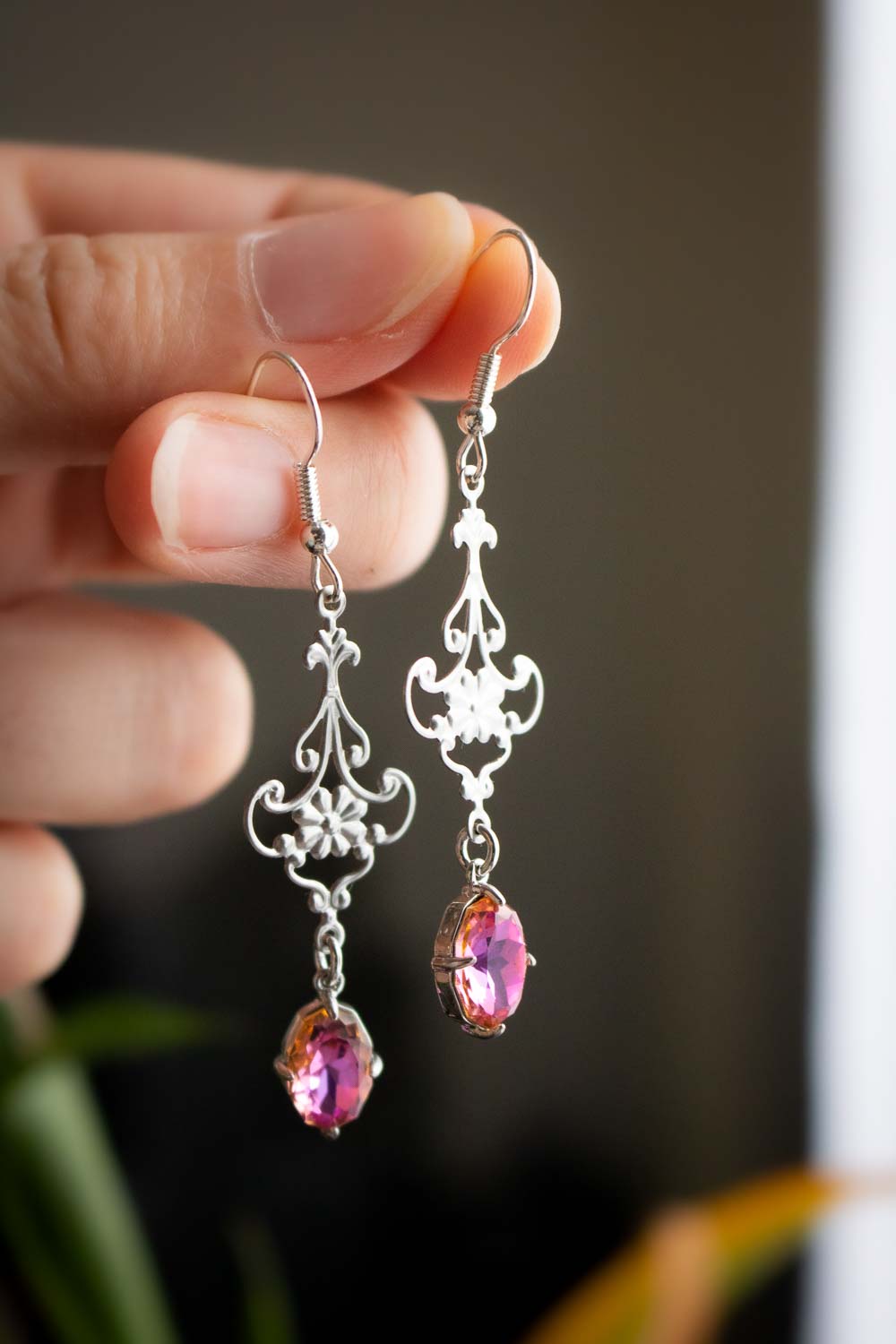 Boucles d'oreilles dentelle argentée - Verre rose-orangé - Promesse Rose lunamanashop