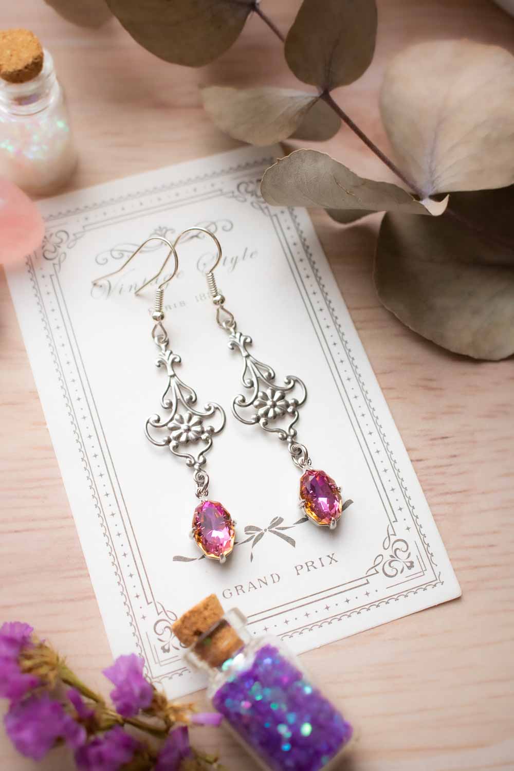 Boucles d'oreilles dentelle argentée - Verre rose-orangé - Promesse Rose lunamanashop