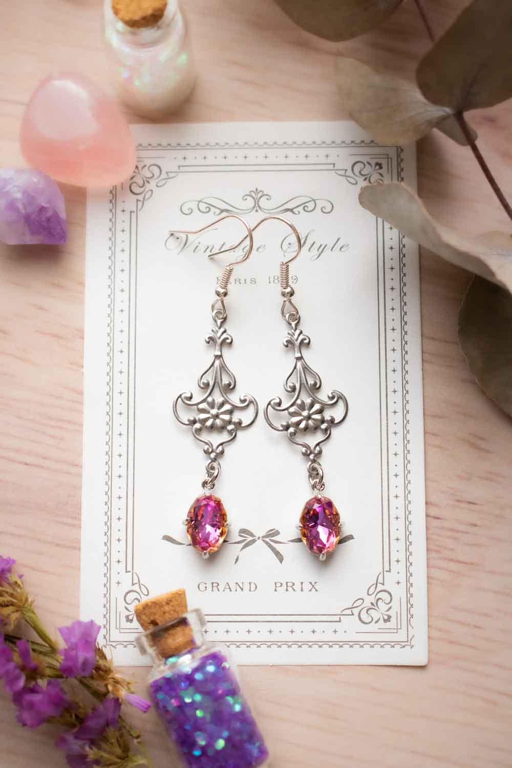 Boucles d'oreilles dentelle argentée - Verre rose-orangé - Promesse Rose lunamanashop