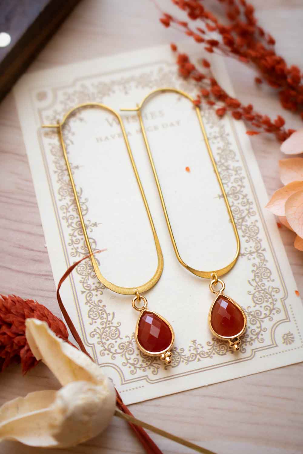 Boucles d'Oreilles ovale Cornaline - Créoles Longues - Flamméa lunamanashop